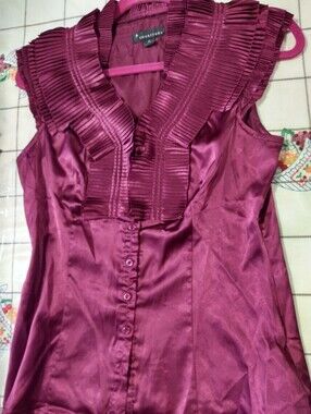 Gorgeous Plum Satin Ruffle V-Neck Sleeveless Fitted Blouse Sz M